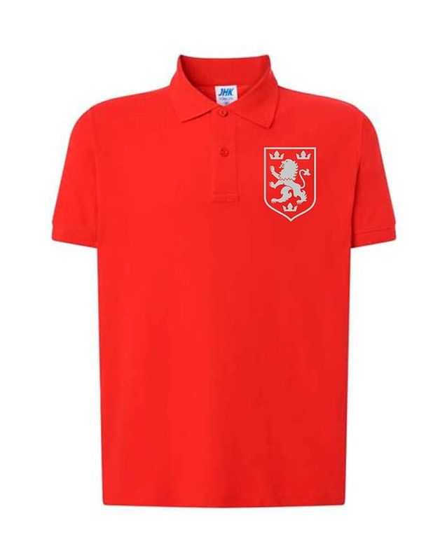 Męska patriotyczna koszulka polo: "Halicki Lew", szary haft, kolor czerwony, XS