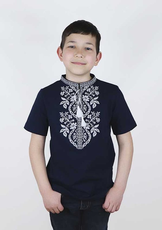 Вышитая футболка для мальчика: «Сокальская», белая вышивка, тено-синяя, 80/86  см