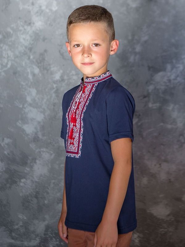 Футболка з вишивкою для хлопчика «АЛАТИРКО», червона вишивка, синя, 80/86cm