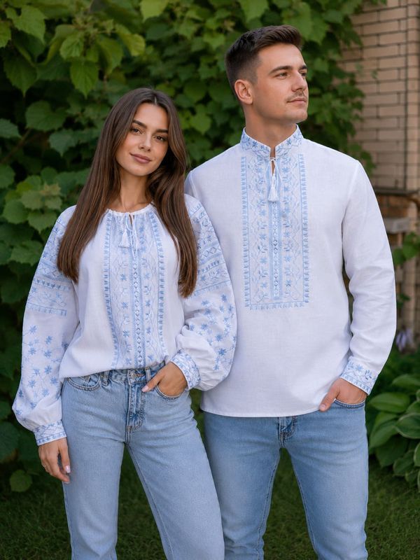 "Svitlolad" women's embroidered shirt made of homespun fabric with blue embroidery., 40