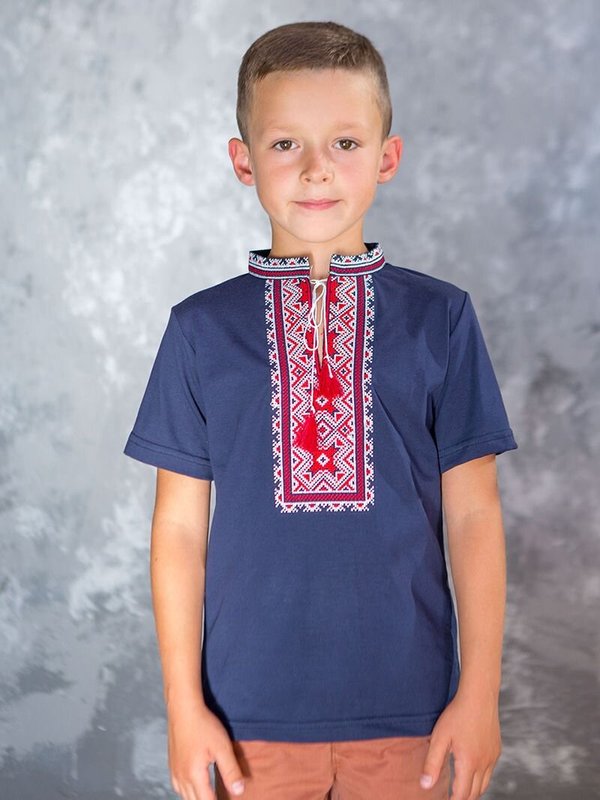 Футболка з вишивкою для хлопчика «АЛАТИРКО», червона вишивка, синя, 80/86  см