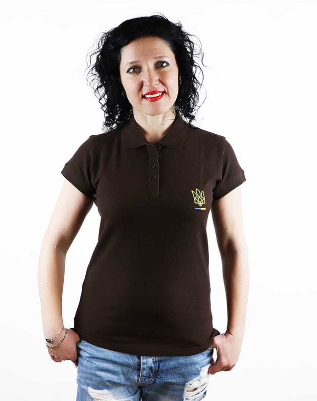 Жіноча патріотична футболка поло: «ТРИЗУБ», вишивка, коричнева, M