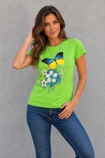 Women's T-shirt with "Butterflies" print, light green, S