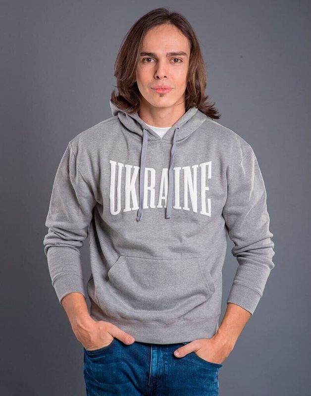 Худі чоловіче: «UKRAINE», сіре, з патріотичним принтом, M