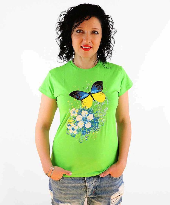 Жіноча футболка з принтом «Метелики», салатова, S