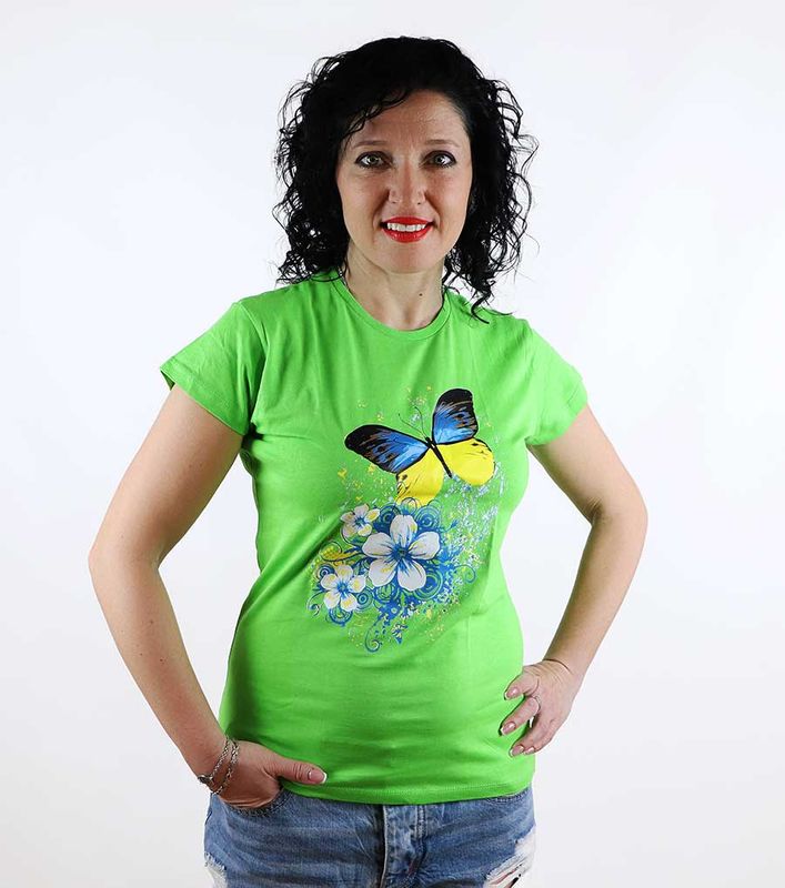 Жіноча футболка з принтом «Метелики», салатова, S