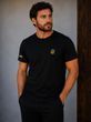 Men's black cotton T-shirt with yellow Tryzub embroidery and a flag patch., XS