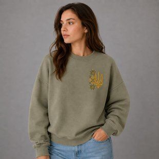 Damska bluza w kolorze khaki z ż&oacute;łto-oliwkowym haftem, XS