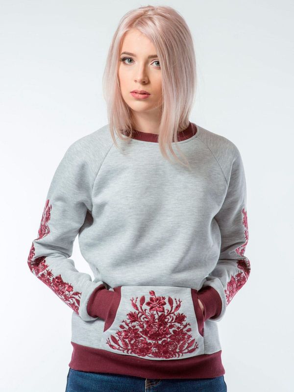 Women's jacket (sweatshirt) "Rose", gray, burgundy embroidery, S