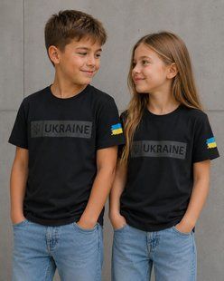 Unisex black patriotic T-shirt for children "UKRAINE" with the coat of arms and flag., 3-4 years