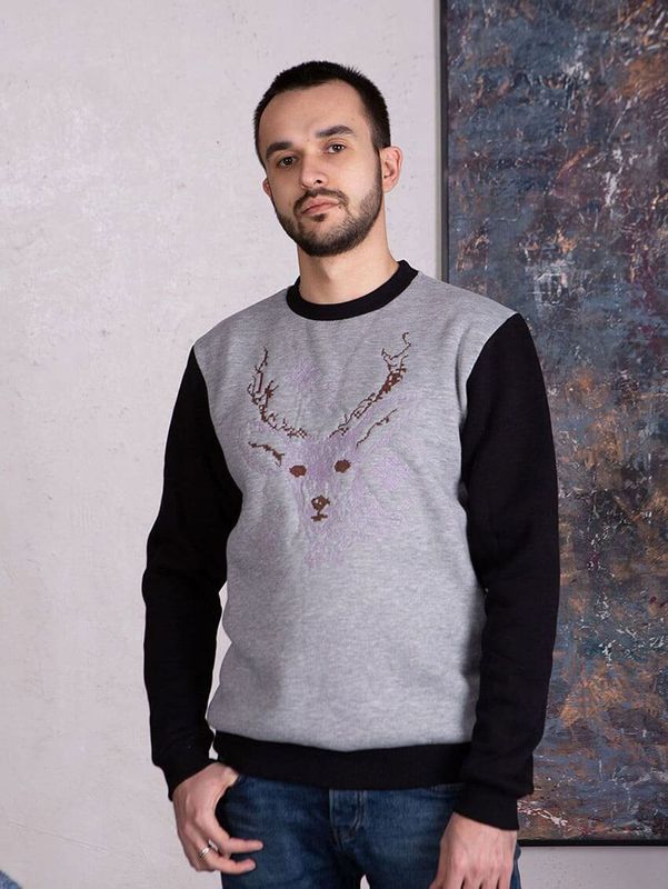 Sweater (sweatshirt) for men "Deer" gray (black sleeve), lilac embroidery, S