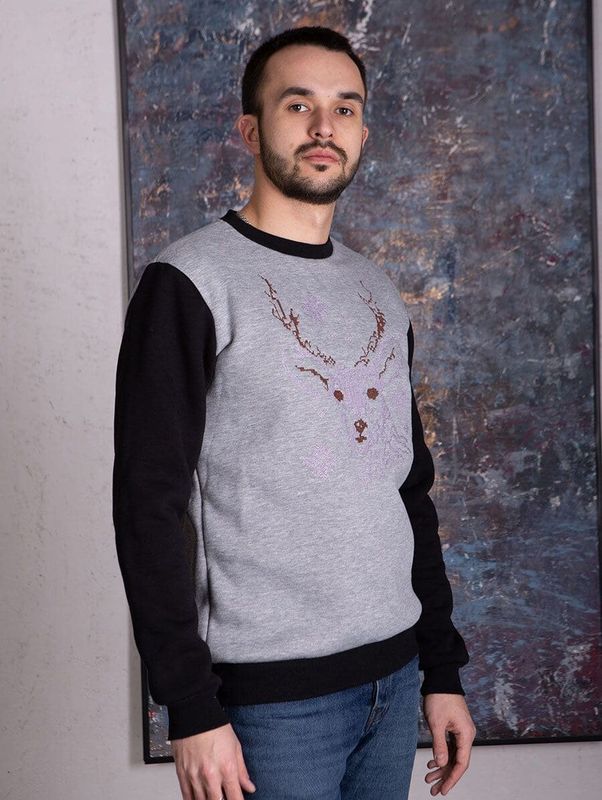 Sweater (sweatshirt) for men "Deer" gray (black sleeve), lilac embroidery, S
