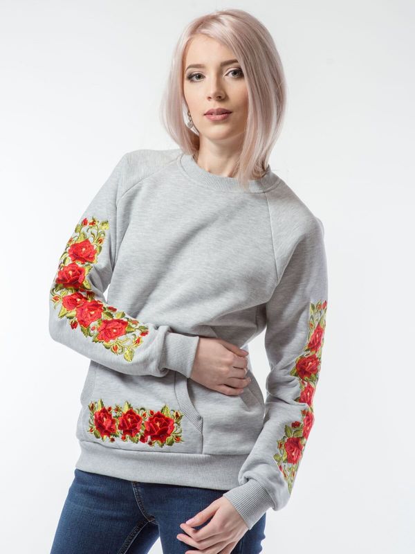Women's jacket (sweatshirt) "Polish Rose", gray with red embroidery, S