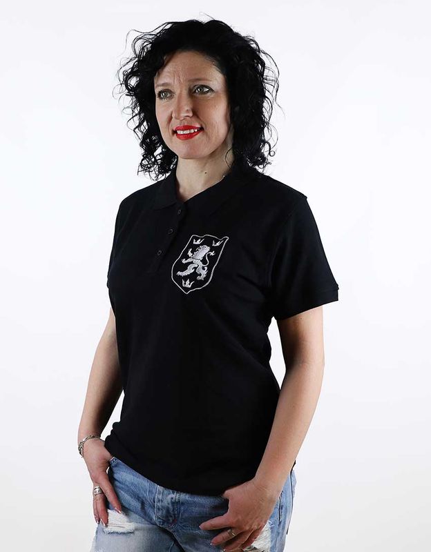 Жіноча патріотична футболка поло: «Галицький лев», вишивка, чорна, S