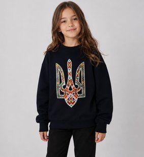 Світшот (кофта) для дівчаток Тризуб вишиванка, темно-синій, 92/98 см