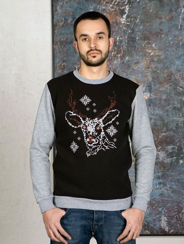 Sweater (sweatshirt) for men "Deer" black (gray sleeve), gray embroidery, M