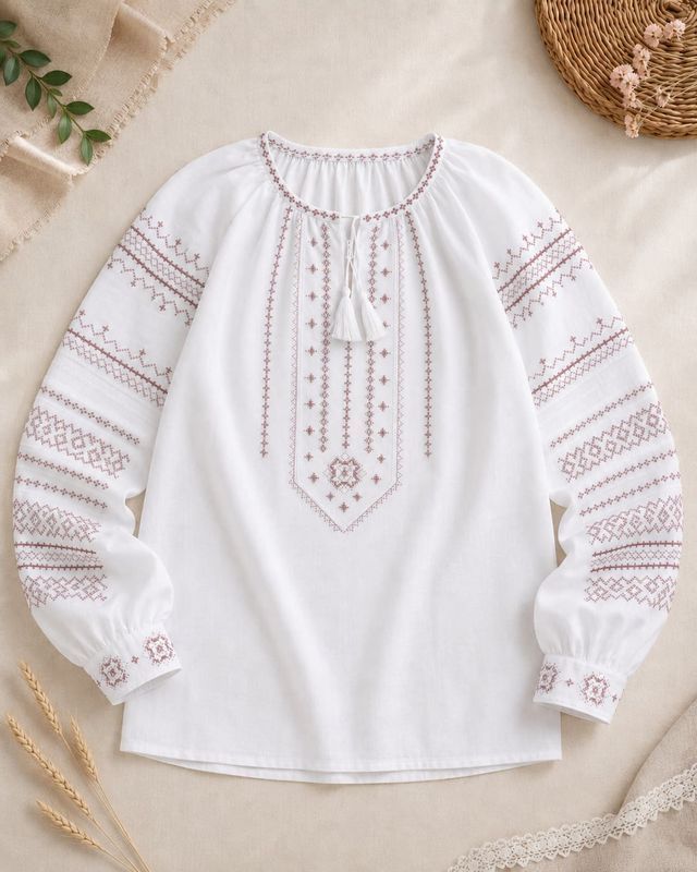 Women's embroidered shirt "Embroidered Paths" (milky-white linen), 42
