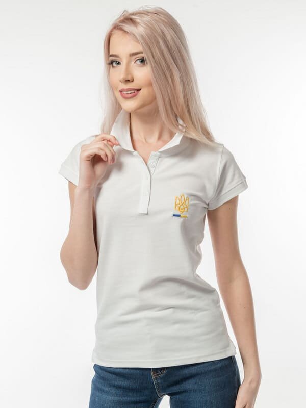 Жіноча патріотична футболка поло: «ТРИЗУБ», вишивка, біла, S