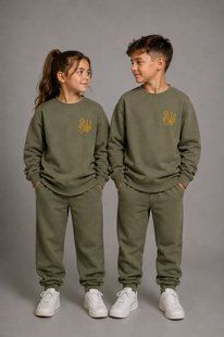 Unisex khaki children's sweatshirt with yellow and blue embroidery (Tryzub and ornamental pattern), 92/98cm