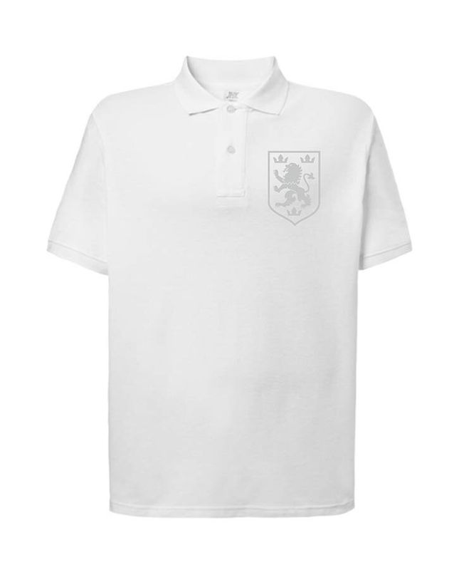 Męska patriotyczna koszulka polo: galicyjski lew, szary haft, biały, XS