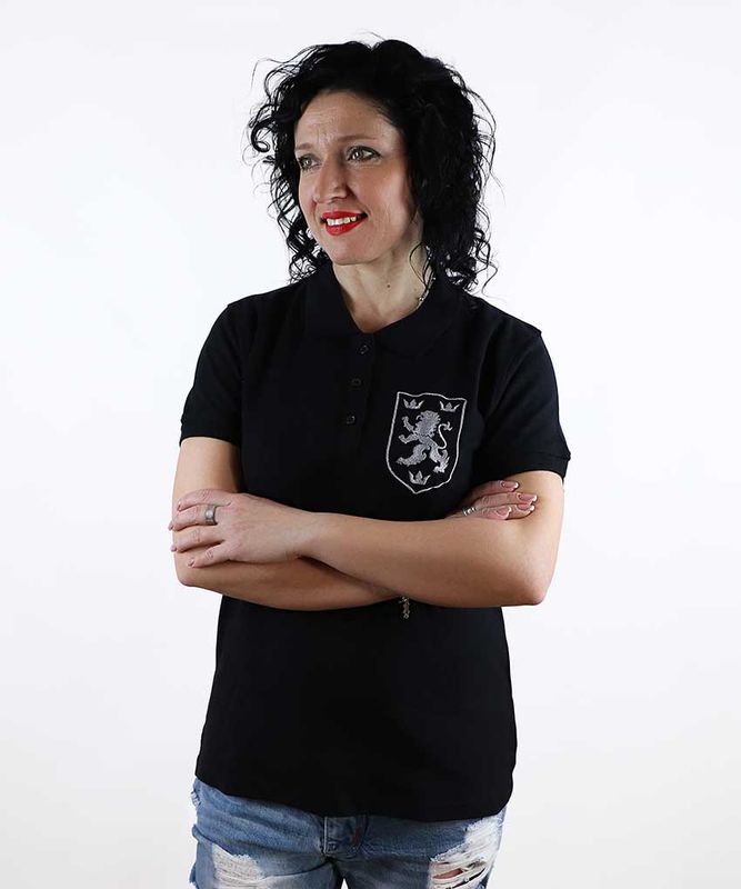 Жіноча патріотична футболка поло: «Галицький лев», вишивка, чорна, 3XL