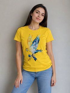 Yellow women's T-shirt with a patriotic bird print (natural fabric), S