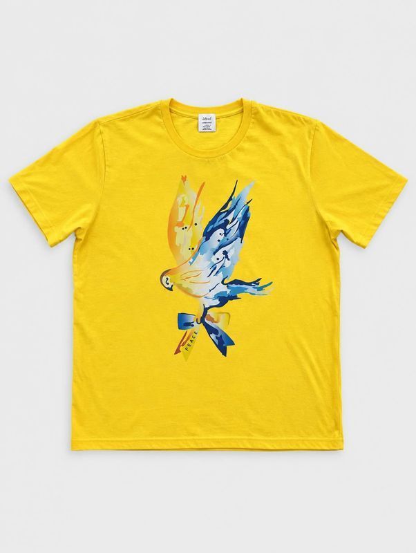 Yellow women's T-shirt with a patriotic bird print (natural fabric), S