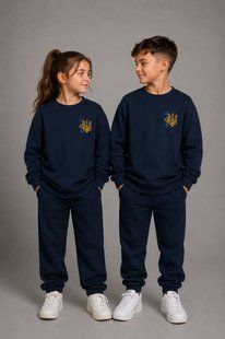 Unisex dark blue children's sweatshirt with yellow and blue embroidery (Tryzub and ornamental pattern), 92/98cm