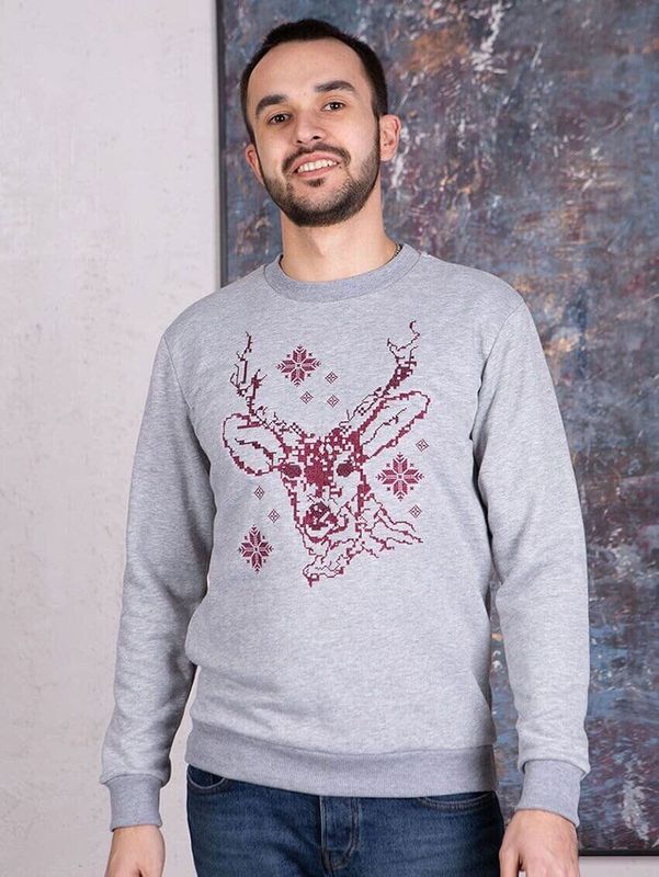 Men's jacket (sweatshirt) "Deer" gray, burgundy embroidery, lining, S