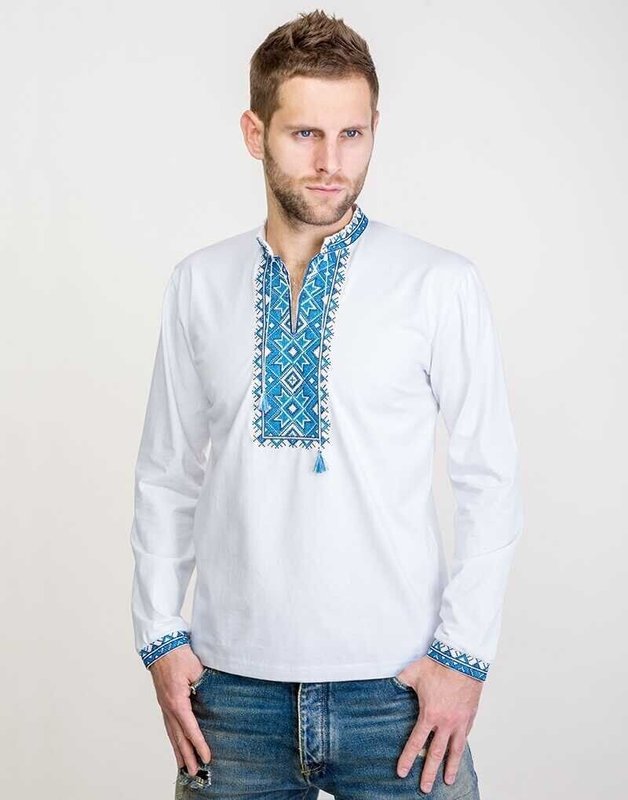Чоловіча вишита футболка: «АЛАТИР», синя вишивка, біла, довгий рукав, XL