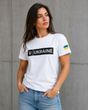 Women's white patriotic "UKRAINE" T-shirt with the coat of arms and flag, XS