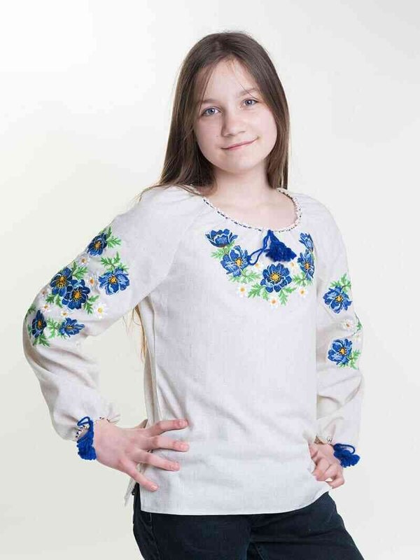 Детская вышиванка «ФЕЕРИЯ», синяя вышивка, 80/86  см