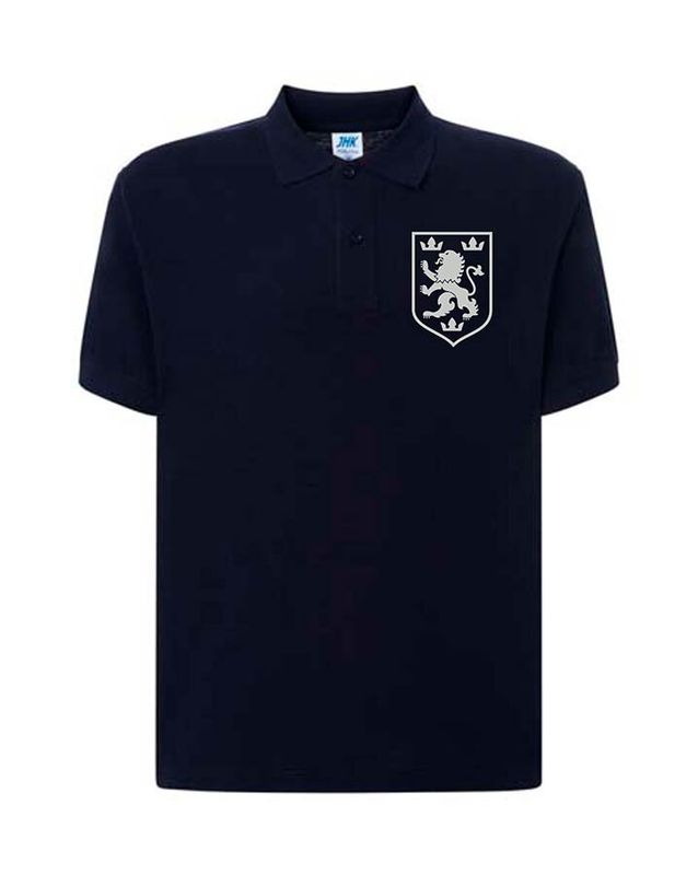 Męska patriotyczna koszulka polo: galicyjski lew, szary haft, ciemnoniebieski, XS