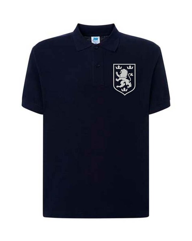 Мужская патриотическая футболка поло: «Галицкий Лев», серая вышивка, темно-синяя, XS