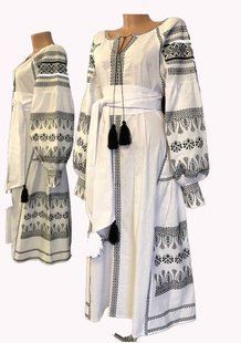 Women's embroidered dress Vitalina - linen, white with black embroidery, 40