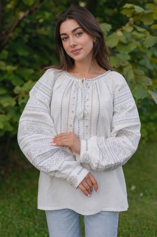 Women's embroidered shirt "Embroidered Paths" &mdash; milky-white linen with beige and blue embroidery., 42