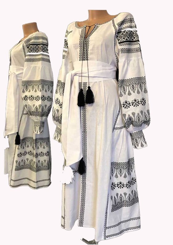 Жіноча вишита сукня Віталіна - льон, біла з чорою вишивкою, 40