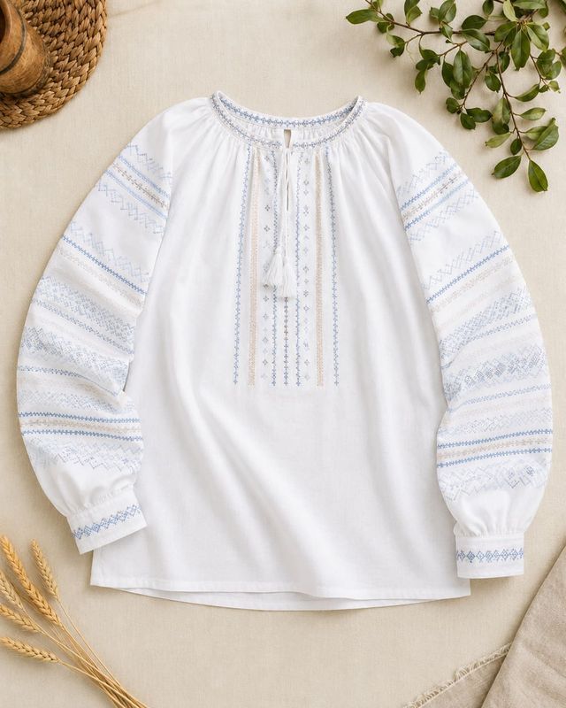 Women's embroidered shirt "Embroidered Paths" &mdash; milky-white linen with beige and blue embroidery., 42