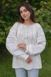 Women's embroidered shirt "Embroidered Paths" &mdash; milky-white linen with beige and blue embroidery.