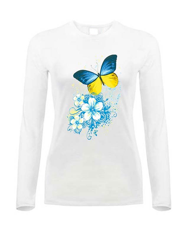 Жіноча футболка з принтом «Метелики», біла, довгий рукав, S