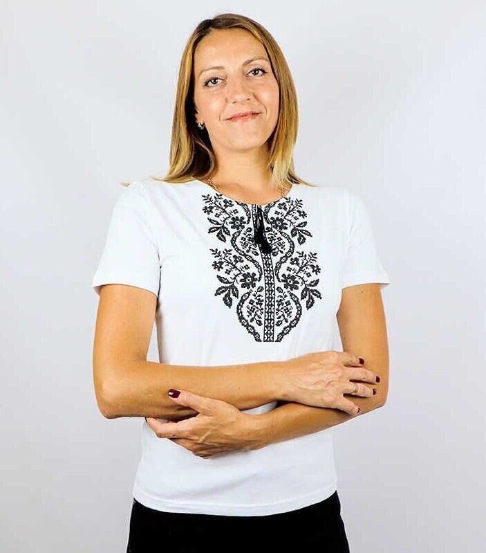 Жіноча вишита футболка Сокальська біла з чорною вишивкою, 4XL