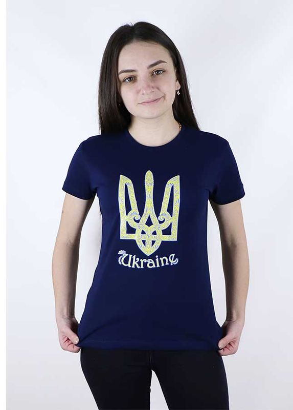 Жіноча футболка з принтом «Тризуб Ukraine», темно-синя, S