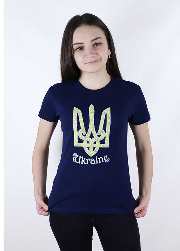 Жіноча футболка з принтом «Тризуб Ukraine», темно-синя, S